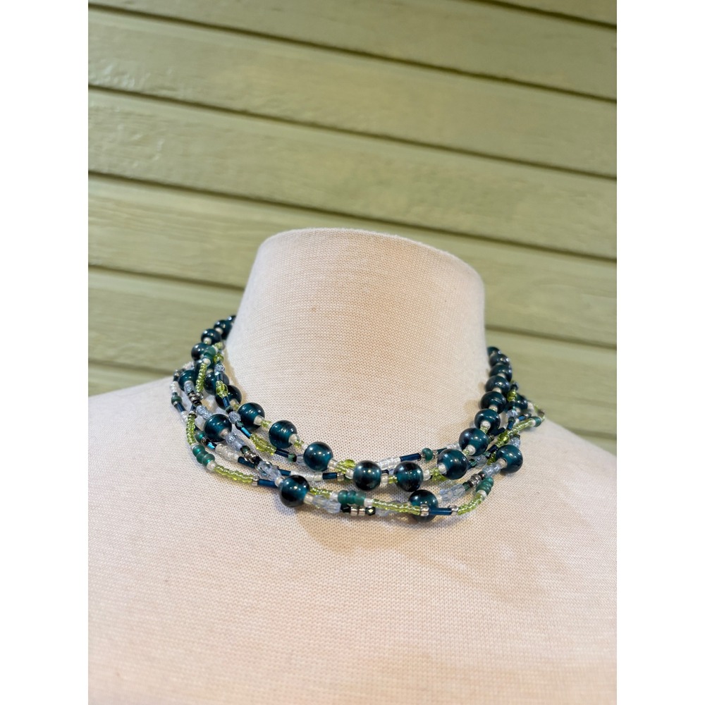 Multi‎ Strand Teal Lime Green Glass Bead Statement Necklace 5 Strand Slide Clasp